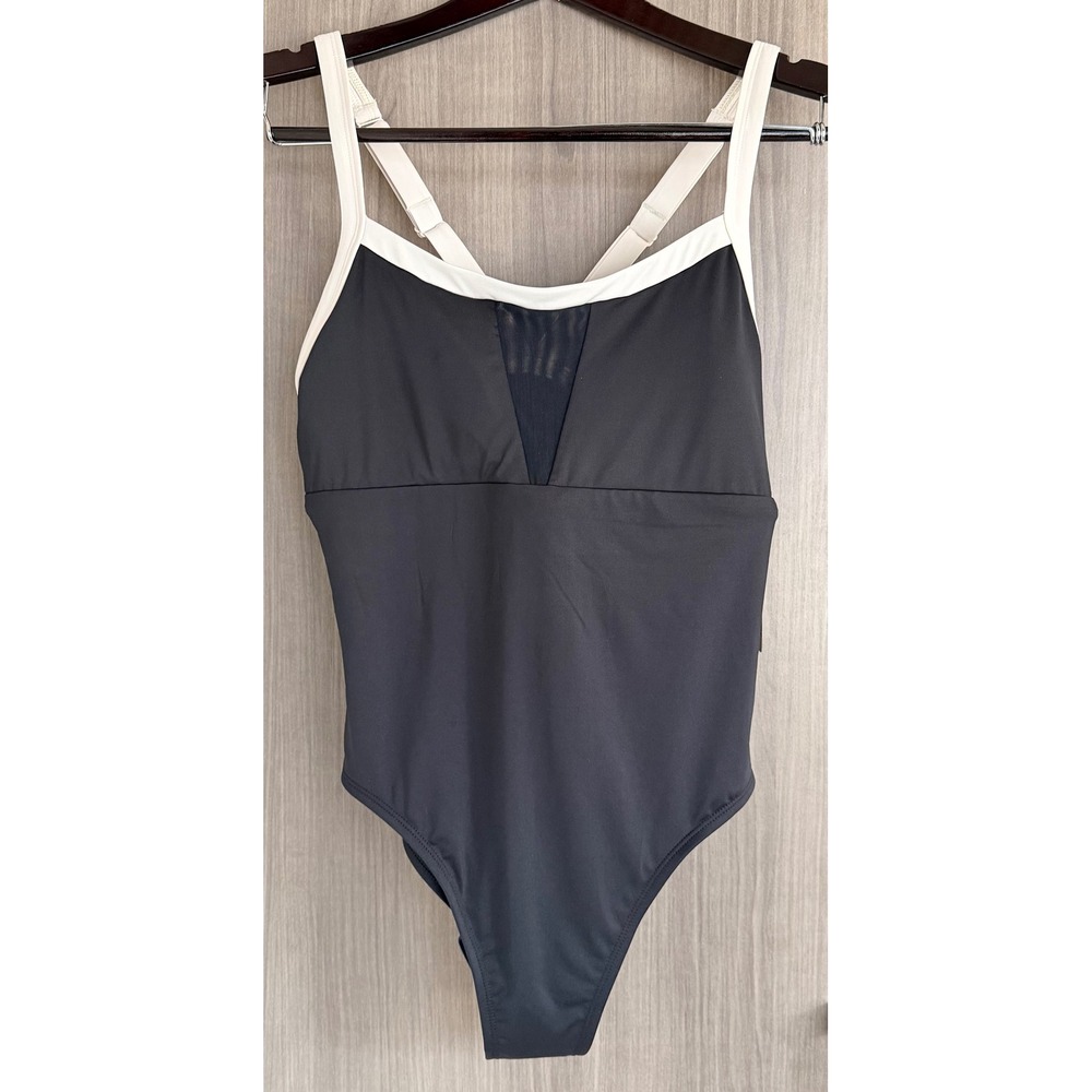 Nike XL Women's Swim V-Back One Piece Swimsuit Black Mesh  Performance NWT